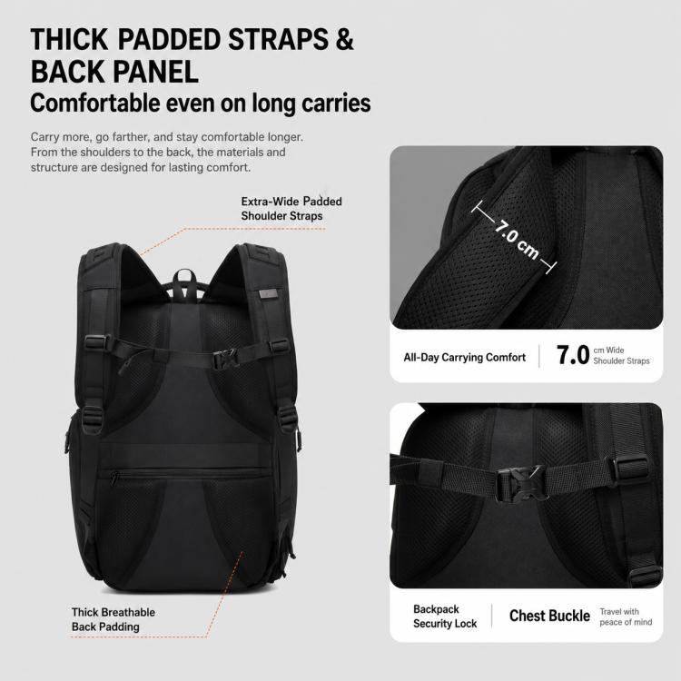 Black backpack with thick padded straps, back padding, and chest buckle security lock