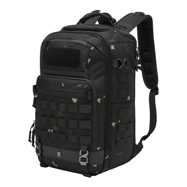 Black camouflage waterproof hiking backpack with side carry handle and front MOLLE straps