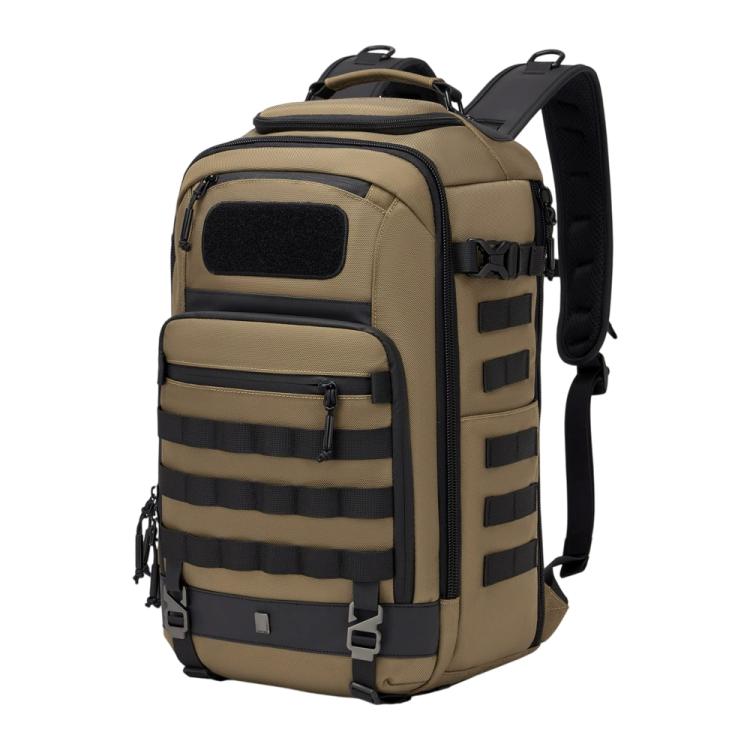 Khaki waterproof hiking backpack with front organizer panel and padded shoulder straps
