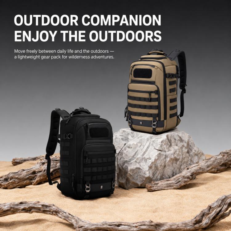 Black and khaki waterproof hiking backpacks with front organizer straps