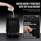 Black waterproof hiking backpack with water droplets on front and water-resistant fabric