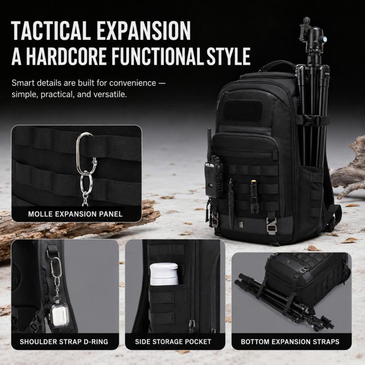Black waterproof hiking backpack with front pockets, MOLLE expansion panel, side and bottom straps