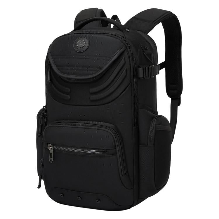 Black laptop backpack with top handle, front pocket, and adjustable shoulder straps