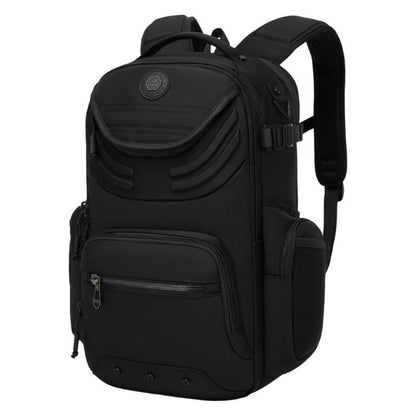 Black laptop backpack with top handle, front pocket, and adjustable shoulder straps