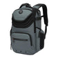 Gray laptop backpack with front flap pocket, zip compartment, and adjustable shoulder straps