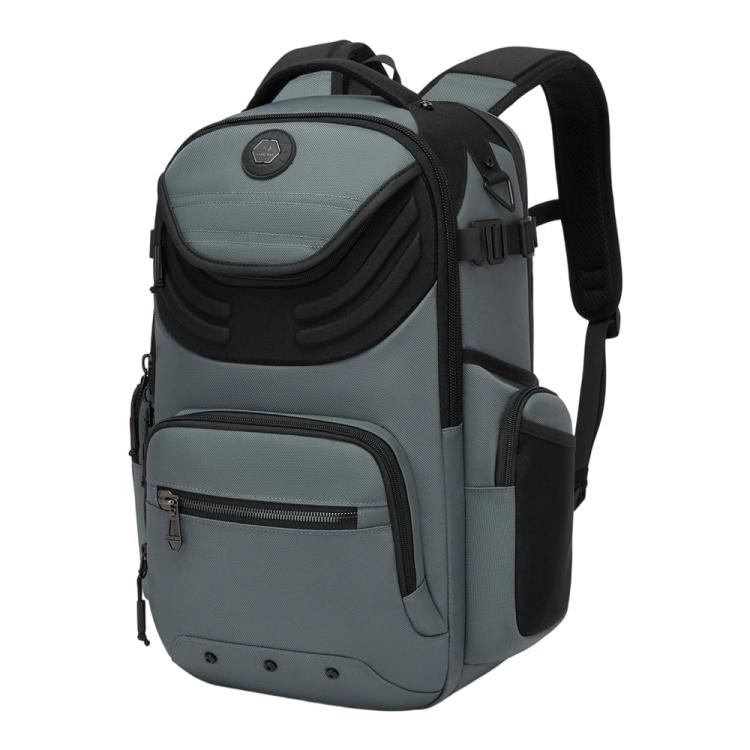 Gray laptop backpack with front flap pocket, zip compartment, and adjustable shoulder straps