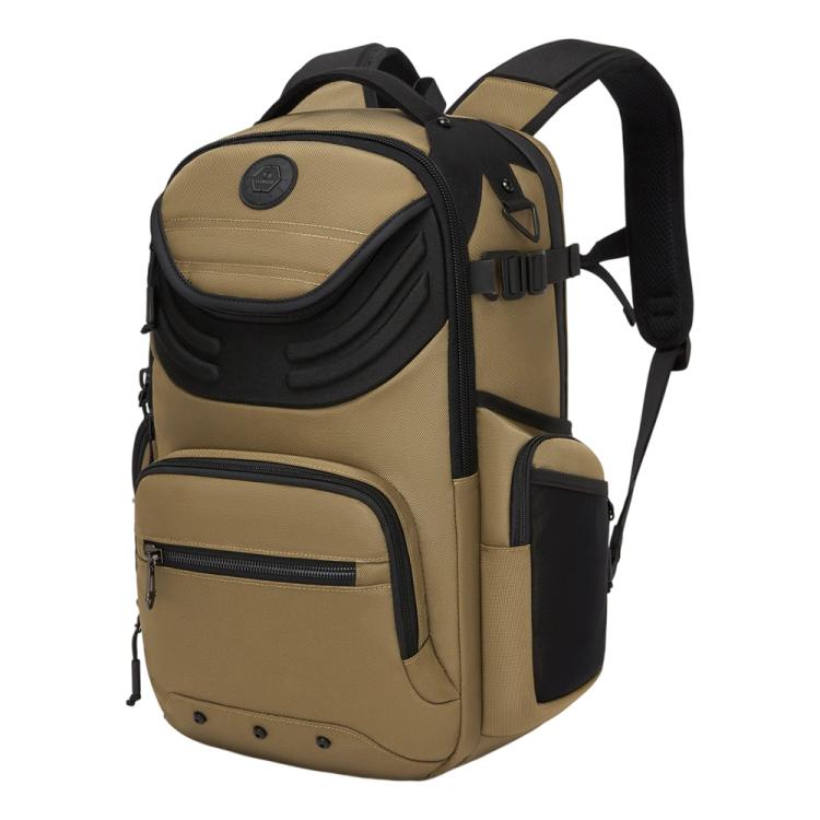 Brown laptop backpack with top handle, front pocket, and adjustable shoulder straps