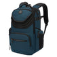 Blue laptop backpack with front zip pocket, side compartments, and adjustable shoulder straps