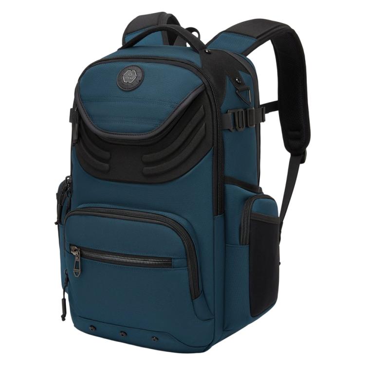 Blue laptop backpack with front zip pocket, side compartments, and adjustable shoulder straps