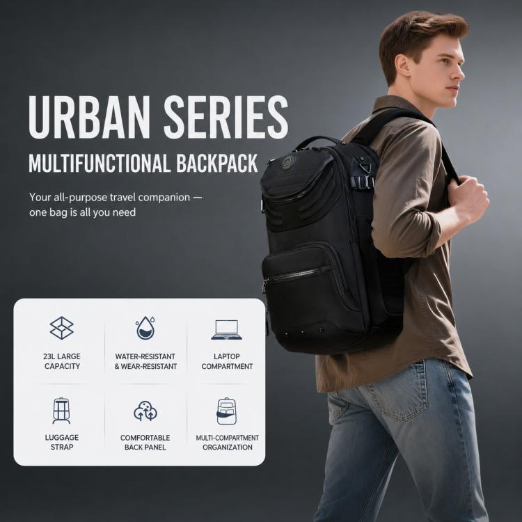 Black laptop backpack worn on model with front zip pocket and adjustable shoulder straps