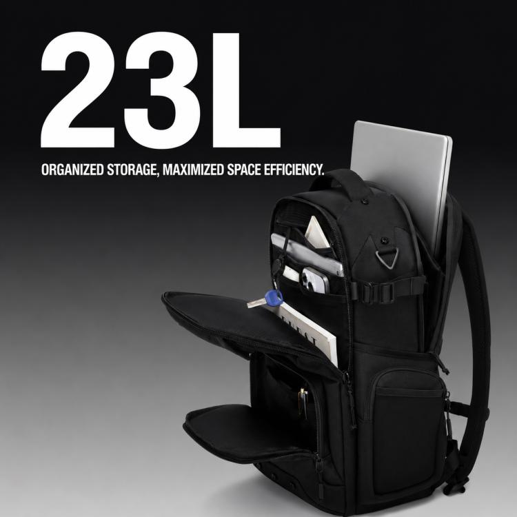 Black laptop backpack with open top and zip front compartments