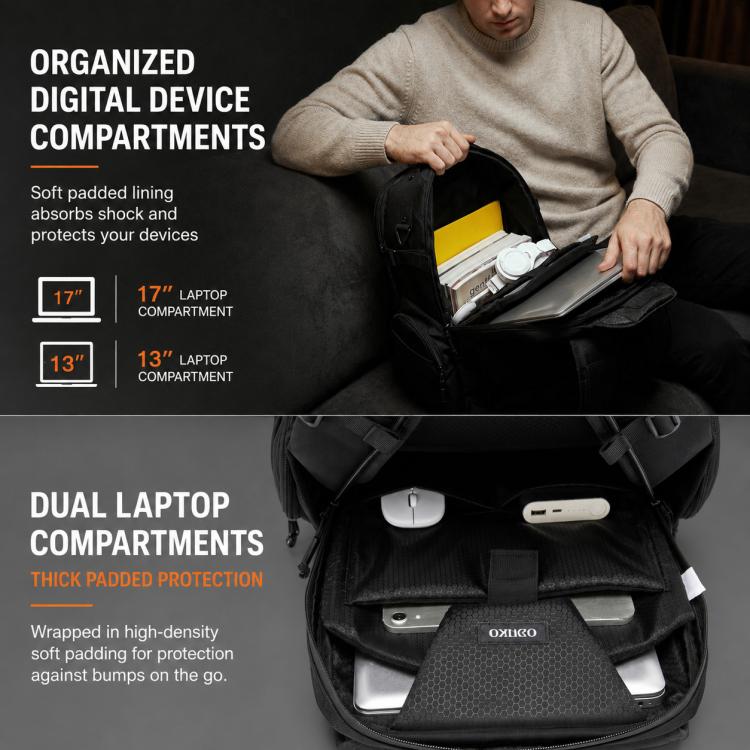Black laptop backpack interior with padded device compartments and storage sleeves