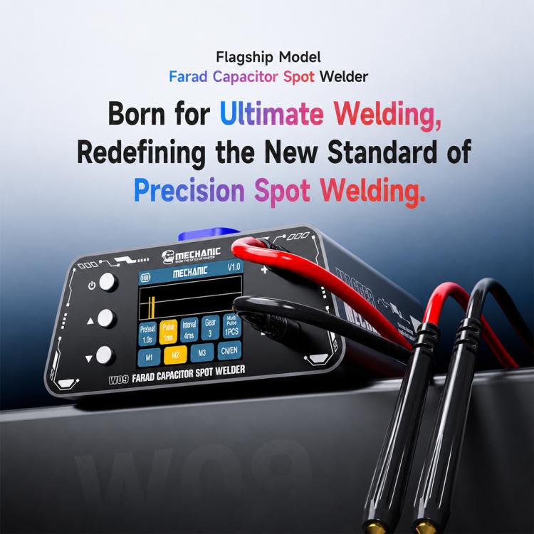 Handheld Faraday capacitor spot welder with cable tips and red leads