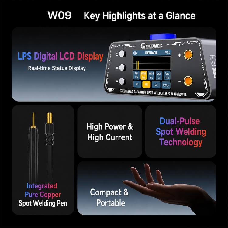 Handheld mini spot welder showing LCD display and control buttons