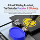 Compact spot welder with blue base cap and welding pen over metal plate