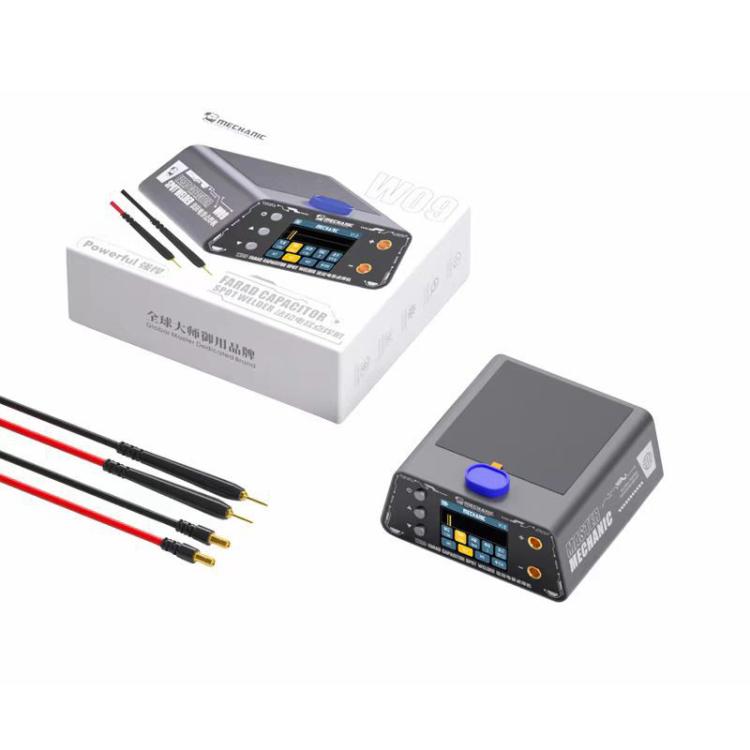 Spot welder kit with control unit, box packaging, and black/red connection leads