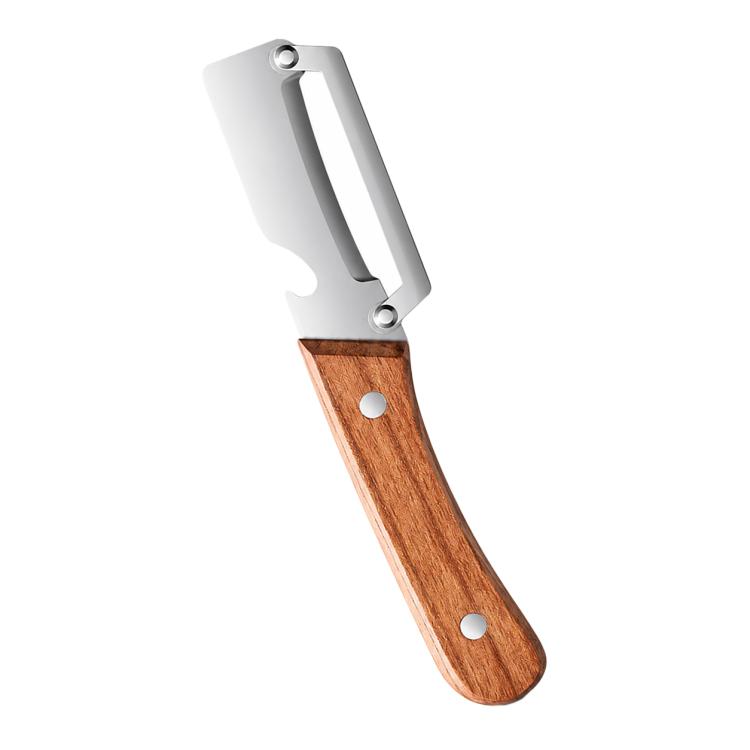 Stainless steel vegetable peeler with curved blade and wood handle with two rivets.