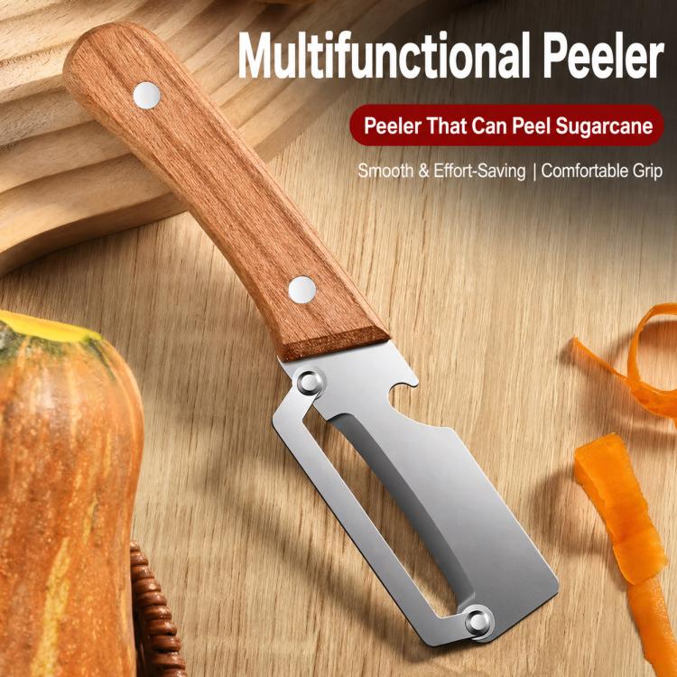 Multifunction peeler featuring curved stainless blade and wooden handle with comfort grip holes.