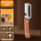 Fruit and vegetable peeler with curved stainless blade and solid wood handle.