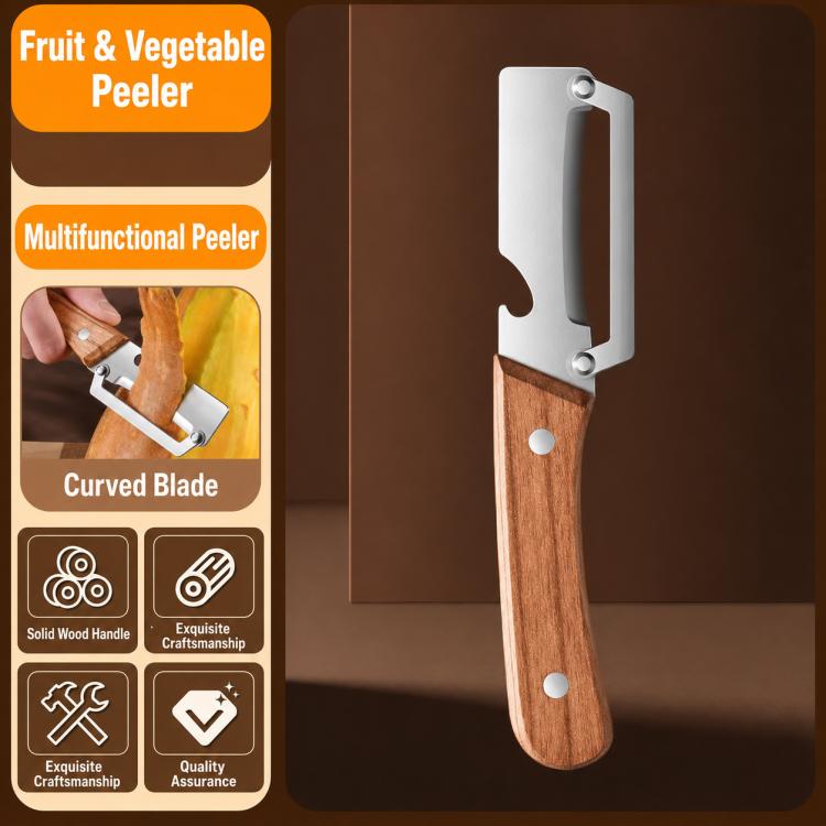 Fruit and vegetable peeler with curved stainless blade and solid wood handle.