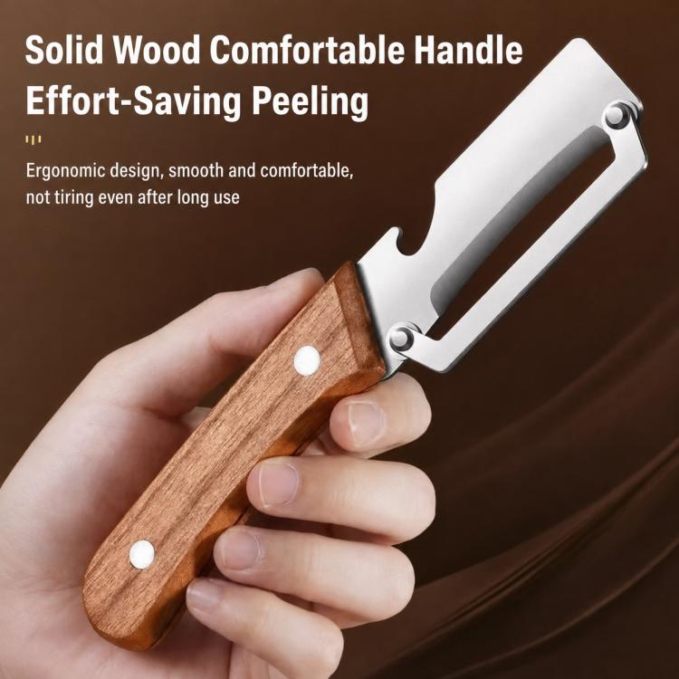 Ergonomic peeler with wooden handle and stainless blade, held by hand for peeling.