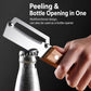 Stainless and wood multifunction peeler showing bottle-opening use with hand grip.