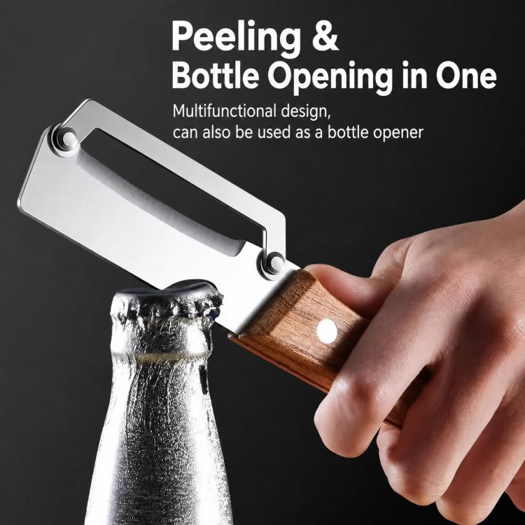 Stainless and wood multifunction peeler showing bottle-opening use with hand grip.