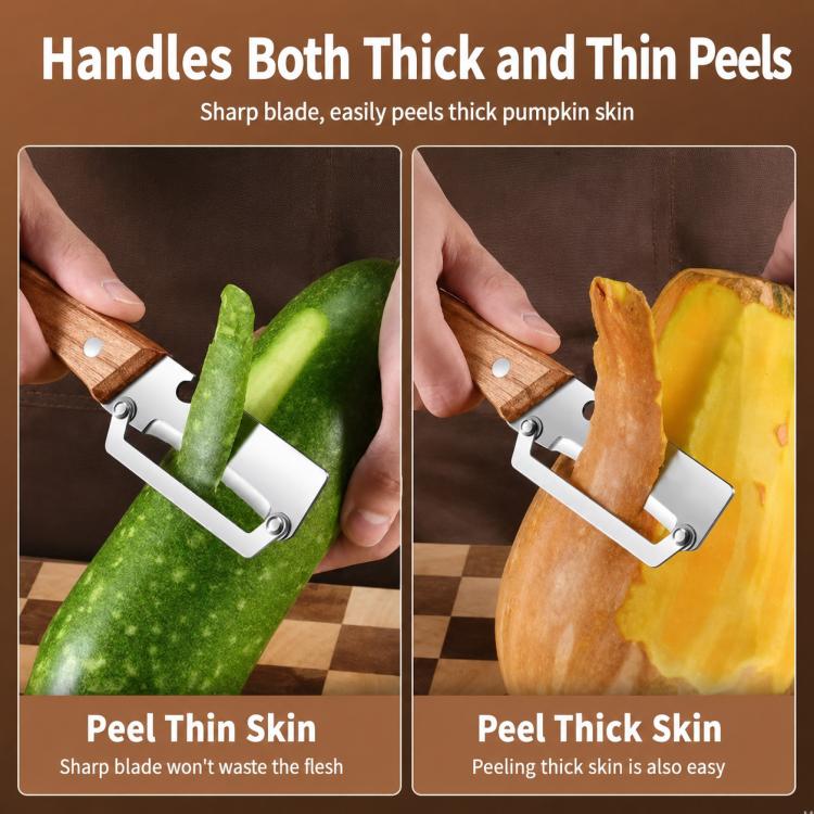 Peeler with stainless blade and wood handle, shown peeling thin and thick produce skins.