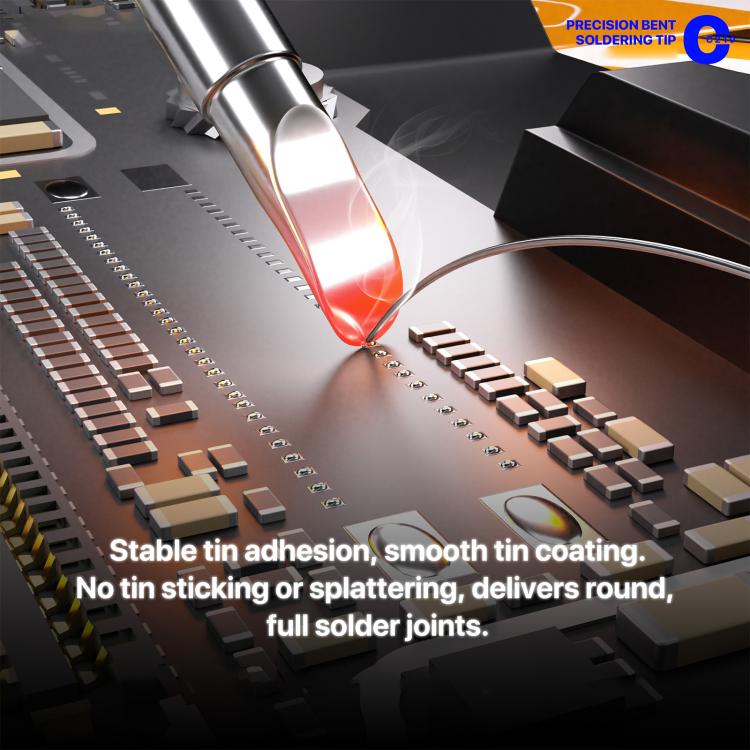 Bent soldering tip heating PCB pads, silver conical tip over electronic components