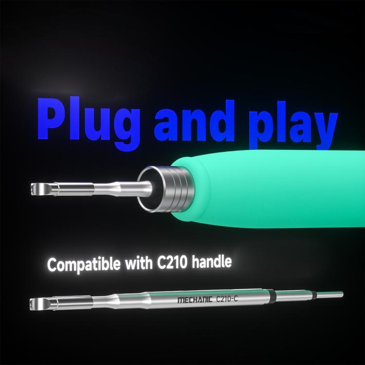 Soldering tip with silver shaft and bent metal end, set against green handle