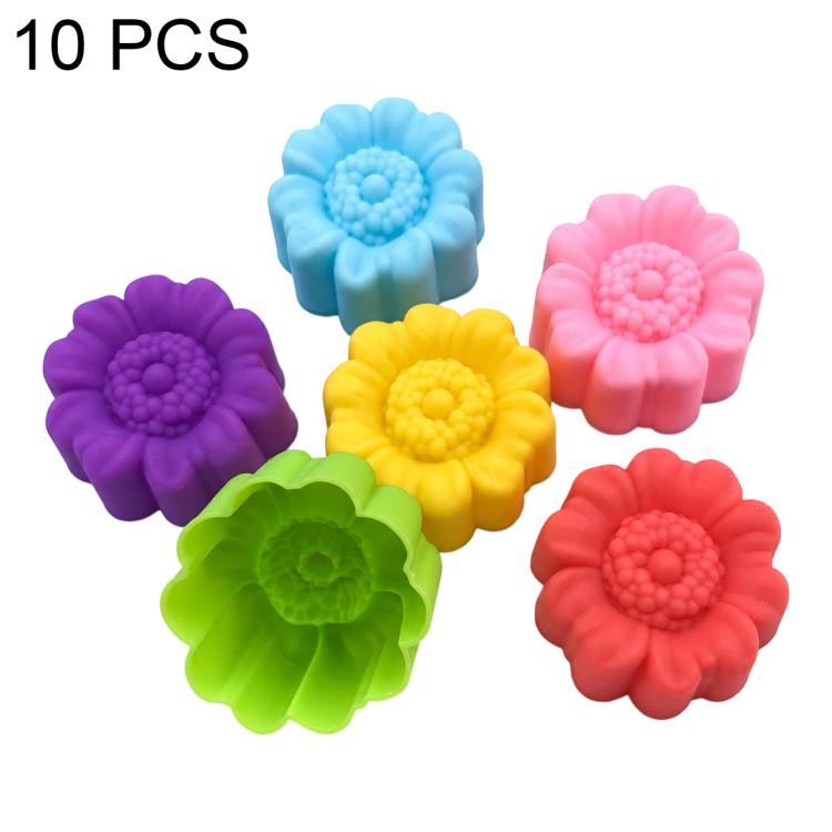 Silicone flower molds set, 10-piece pack with blue, purple, pink, green, red flower-shaped molds