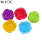 Set of 10 silicone flower molds with rose-like petals in purple, red, green, yellow, and blue