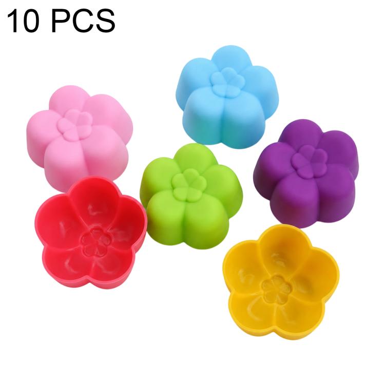 Set of 10 silicone flower molds in pink, light blue, green, purple, red, and yellow