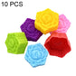 Set of 10 silicone flower molds featuring rose-petal shapes in yellow, purple, pink, green, blue, and red