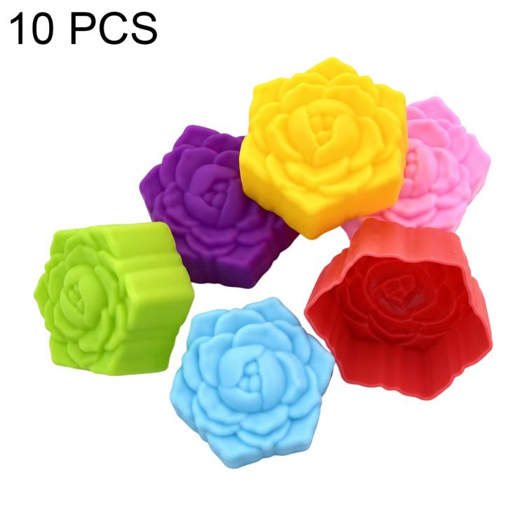 Set of 10 silicone flower molds featuring rose-petal shapes in yellow, purple, pink, green, blue, and red