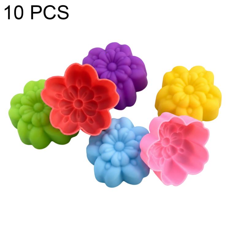 Set of 10 silicone flower molds with layered petals in green, red, purple, yellow, blue, and pink