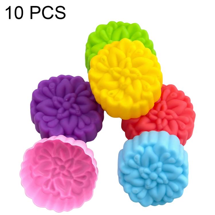 Set of 10 silicone flower molds in purple, yellow, red, pink, green, and light blue
