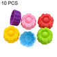 Set of 10 silicone flower molds in purple, pink, red, yellow, blue, and green