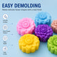 Silicone flower mold set with raised petal details, shown in pink, purple, yellow, green