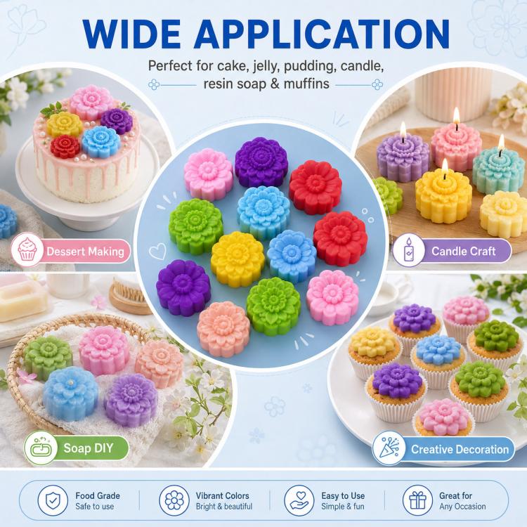 Flower silicone molds for cake, jelly, candle and soap, arranged in colorful flower shapes