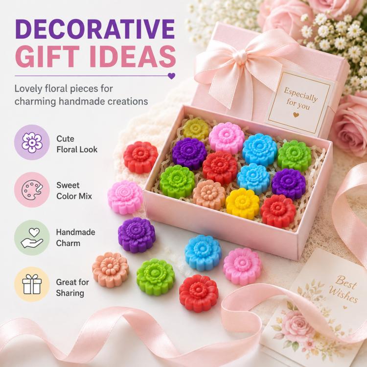 Silicone flower mold set with colorful flower-shaped pieces in a gift box