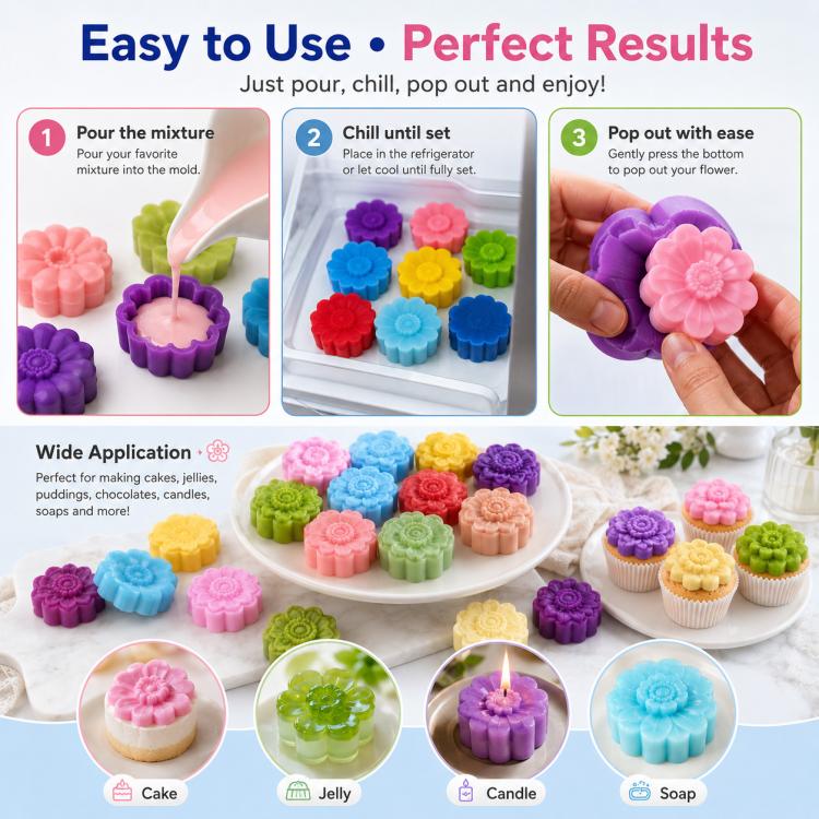 Silicone flower mold set for easy demolding, molded flower shapes in assorted colors