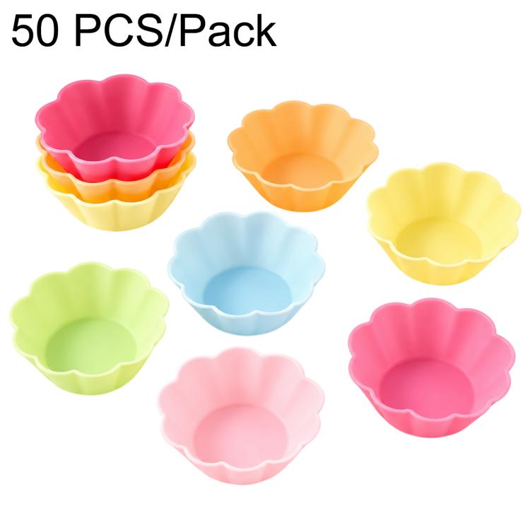 Silicone cake baking mold set of flower-shaped cups in pink, orange, yellow, green, blue