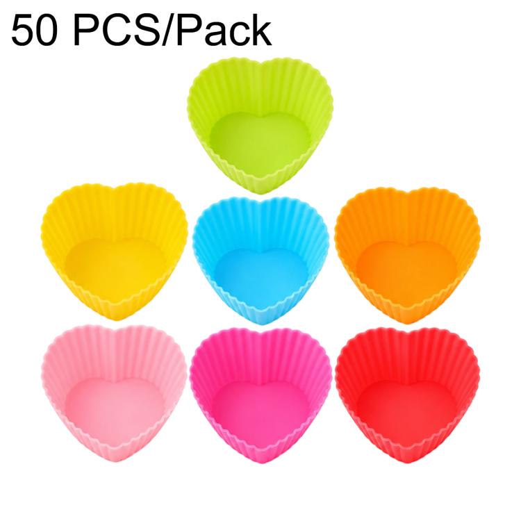 Silicone cake baking mold set of heart-shaped cups in lime, yellow, blue, orange, pink