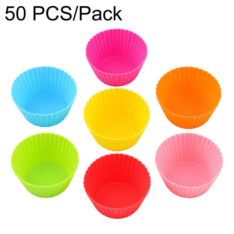 Silicone cake baking mold set of round scalloped cups in pink, blue, yellow, green, red
