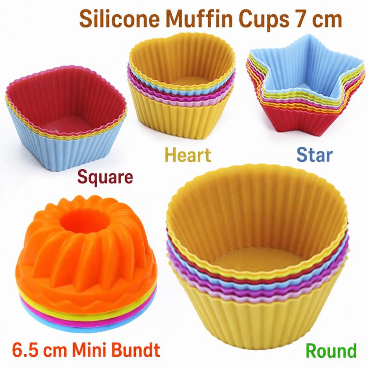 Silicone cake baking mold set featuring square, heart, star, round, and mini bundt shapes
