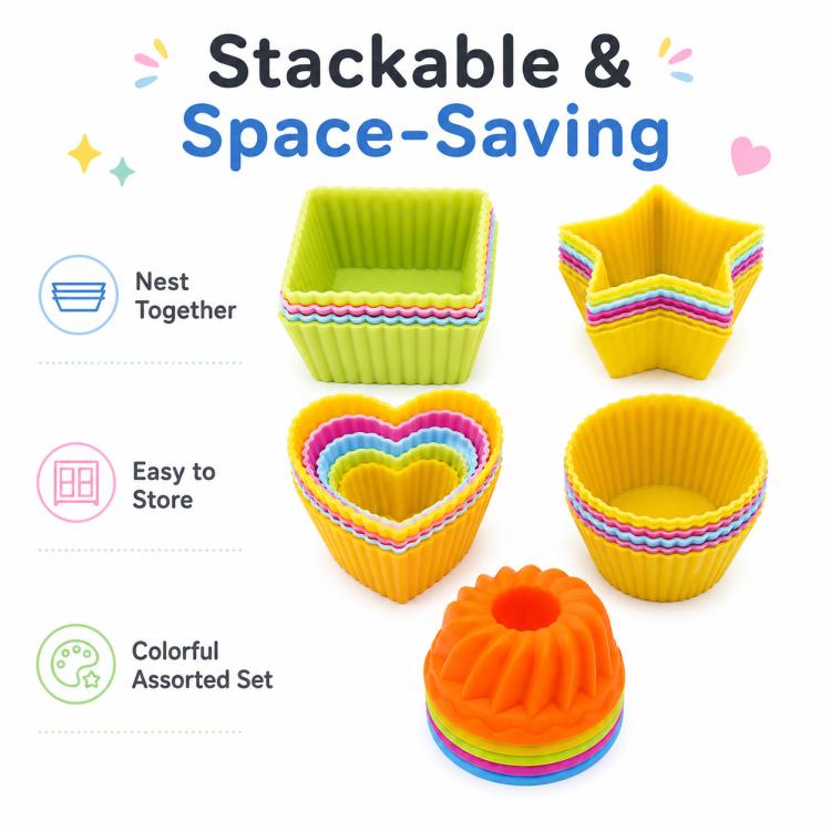 Silicone cake baking mold set with heart, star, round, and mini bundt cups in assorted colors