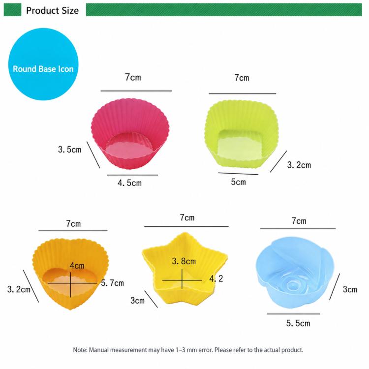 Assorted silicone cake baking molds set in pink, green, yellow, blue; heart and round shapes