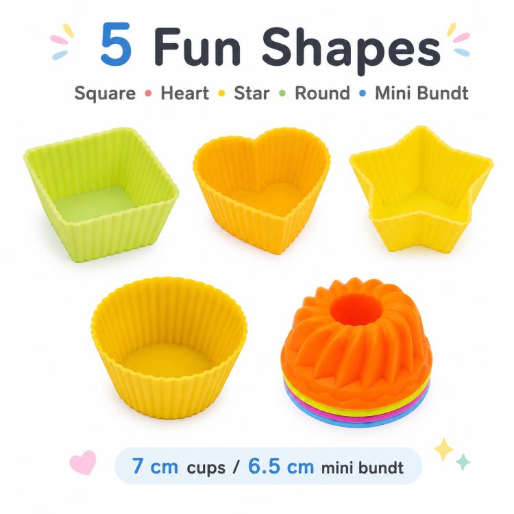 Silicone baking molds set with square, heart, star, round, and mini bundt cups in bright colors
