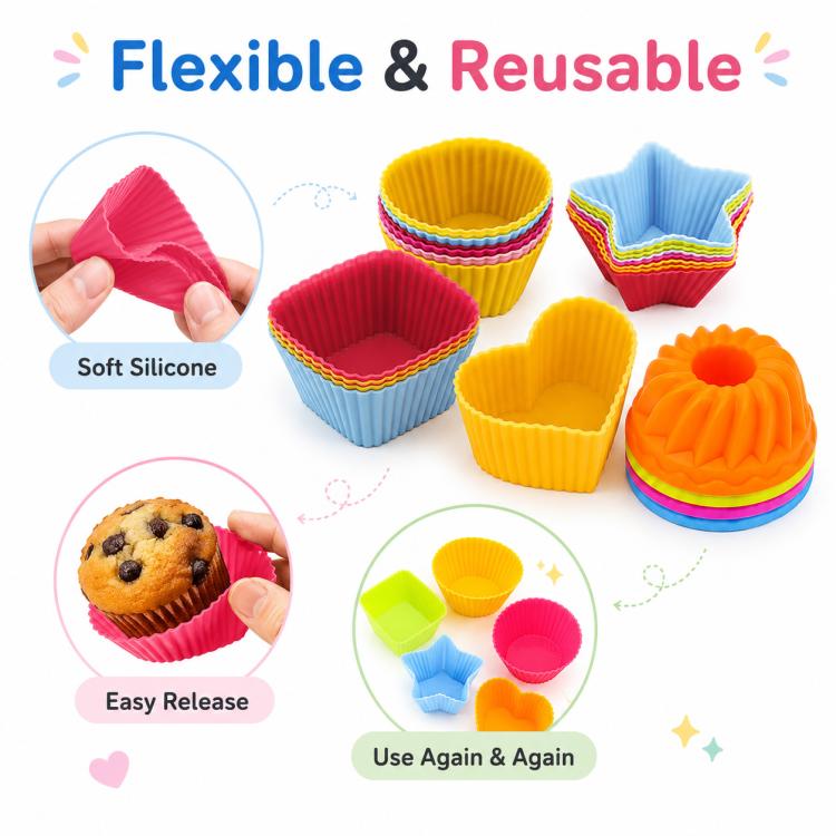 Reusable silicone baking molds, flexible cups in pink, yellow, green, and blue with bundt shapes